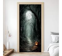 Horreur Forêt Autocollant de Porte 3D, Citrouille Halloween Papier Peint de Porte Vinyle Auto-Adhésif Amovible, Sticker Mural Étanche, pour Chambre Salon Cuisine Salle de Bain, 85 x 215 cm L4E50