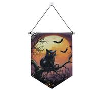 Horreur Halloween Toile d'araignée Corbeaux Arbre Chat Bannière murale à suspendre avec tige télescopique Bannière murale à suspendre Décorations de fête pour festival et jour spécial