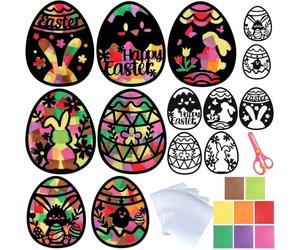 HORREX 12 Pièces Kit de Décoration de Pâques, Décorations Fenêtres Pâques, Effet Vitrail, Autocollants Fenêtre Pochoirs Fleur Lapin Œufs Gommette Stickers et Feuilles Papiers Colorés