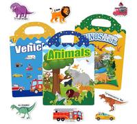 HORREX 3 Pezzi Gommettes Repositionnables, Stickers, Dinosaures + Animaux + Véhicules Autocollant Enfant Jouets Educatifs de Voyage, Cadeaux D'anniversaire, Livre Gommettes Enfants 2 Ans