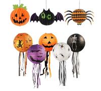 HORREX 8 Pièces Lanterne Halloween, Lampion Halloween Suspendu, Lanterne Papier Araignée Lampion Papier Crâne, Decoration Fête de la Citrouille pour Fête à Thème Décoration de Jardin