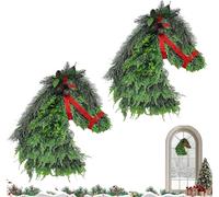 Horse Head Wreath Rustic Farmhouse Equestrian Door Decor, 15.75 * 11.81in Hand-Woven Artificial Christmas Horse Head Wreath with Red Ribbon for Home Front Door Wall Window Outdoor Porch Garden Decor