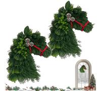 Horse Head Wreath Rustic Farmhouse Equestrian Door Decor, 15.75 * 11.81in Hand-Woven Artificial Christmas Horse Head Wreath with Red Ribbon for Home Front Door Wall Window Outdoor Porch Garden Decor