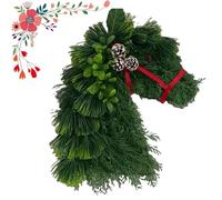 Horse Head Wreath - Rustic Farmhouse Equestrian Door Decor, Hand-Woven Horse Head Christmas Wreath, Artificial Greenery Front Door Decor with Red Ribbon, for Porch Decoration (#A)