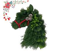 Horse Head Wreath - Rustic Farmhouse Equestrian Door Decor, Hand-Woven Horse Head Christmas Wreath, Artificial Greenery Front Door Decor with Red Ribbon, for Porch Decoration (#B)