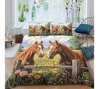 Horses in Field Linge de Lit 3 Pièces 3D Imprimée Microfibre Hypoallergique Pastoral Landscape Art Parure de Lit avec 2 x Taies d'oreiller Respirante for Chambre Adulte Single（135x200cm）
