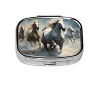 Horses Running Wild in The River Boîte de rangement carrée pour pilules de voyage Mini pilulier portable (2 compartiments), boîte de rangement pour médicaments vitaminés