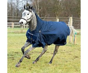 HORZE Couverture Avalanche 1200D 150g Pluie dans Le Cou, Couverture de Cheval de mi-Saison, Respirant, Coupe-Vent, Imperméable, Taille 115 à 155, Bleu foncé, Noir, Bleu, 145