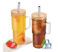 hosck 24oz mason can cup avec poignée, verre transparent, couvercle en bambou et paille, paquet de 2 tasses à café glacé, café glacé, jus de fruits, thé de bulle, cola