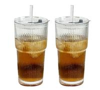 hosck Lot de 2 tasses à café glacé avec couvercles, 600 ml en verre transparent avec paille et couvercle, verres nervurés, passent au lave-vaisselle