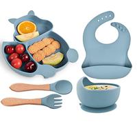 Hoseay Assiette Bébé Set Repas avec Ventouse, Lot de 5 Silicone Vaisselle Enfant Garcon Antiderapant Bol Assiette Bebe Bavoirs Fourchette Cuillère Sans BPA Passe Lave Vaisselle et Micro Onde, Bleu
