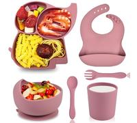 Hoseay Assiette Set Ventouse Bébé Coffret Repas Bebe avec Assiette Bol Cuillere Fourchette Bavoir Tasse 6 Pièces Silicone Sans BPA Enfant Garcon Fille Vaisselle Sécurité Lave Vaisselle Micro Onde,Rose