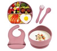 Hoseay Assiette Ventouse pour Bébé Silicone Coffret Repas Set Enfants avec Assiette Bol Bavoir Cuillere Fourchette 5 Pièces Vaisselle Kit Garçon Fille Sans BPA, Lave Vaisselle et au Micro Ondes, Rose