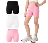 Hoseay Short Cycliste Filles, Coton Extensible Leggings Courts avec Ceinture Élastique, Respirant Motif Côtelé Shorts sous Jupe Cyclisme Danse pour Enfants 9-10 Ans, Lot de 3, Noir Blanc Rose