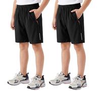 Hoseay Shorts de Sport Garçons, Lot de 2 Séchage Rapide Short Enfants avec Bandes Réfléchissantes et Poche Zippée, Shorts Athlétiques Cordon Coulissant École Cyclismel pour 10-11 Ans, Noir