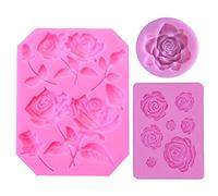 Hosh 3 Pièces Rose 3D Moule Silicone, Grande Fleur Rose Moule Silicone, Mini Moules en Silicone Fleur, Moules Fondant en Silicone, Utilisé pour la Cuisson de Gâteaux, Gelée, Muffins, Bonbons (Rose)