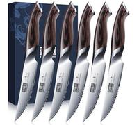 HOSHANHO Couteaux à Steak 6 Pièces, Ensemble de Couteaux à Steak Dentelés | Ultra Tranchants Couverts à Steak de Cuisine Japonais de 11,5 cm en Acier à Haute Teneur en Carbone avec Poignée Ergonomi