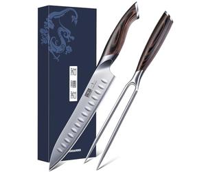 HOSHANHO Ensemble de Couteaux à Découper 20cm et Fourchette a Viande 18cm, Ensemble de Couteau à Découper Professionnels Japonais en Acier à Haute Teneur en Carbone, Couteau de Jambon, Barbecue