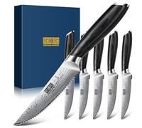 HOSHANHO Set de 6 Couteaux à Steak, Ensemble de Couteaux à Steak Japonais Dentelés de 11,5 cm, Couverts à Steak Ultra Tranchants Acier en Poudre à Haute Teneur en Carbone avec Manche en Bois de Pakka