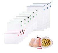 Hoshen Lot de 12 sacs réutilisables en maille pour produits alimentaires, sac à provisions en polyester avec cordon de serrage pour fruits, légumes, nourriture, 3 grands, 6 moyens, 3 petits