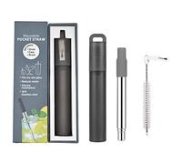 Hoshen Paille télescopique réutilisable en acier inoxydable avec embout en silicone et brosse de nettoyage (boîte d'origine) - Gris - 1 pièce