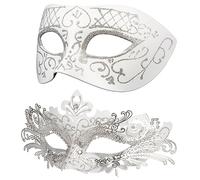 Hoshin Masque Carnaval, Masque Venitien pour Couple et Bal Masqué pour Femme (Blanc avec ligne argentée)