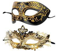 Hoshin Masque Carnaval, Masque Venitien pour Couple et Bal Masqué pour Femme (Noir avec ligne dorée)