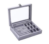 Hoshisea Joyero con 9 compartimentos, Caja Joyeros con Tapa de Cristal, Boîte bijoux 9 compartimentos bagues. (Gris)