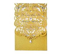 Hosmsua Lot de 50 cartes d'invitation de mariage personnalisées en or avec cœur creux découpé au laser et fleurs avec strass pour invitation de mariage (or pailleté)