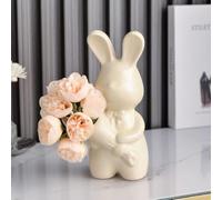Hosoncovy Sculpture de lapin en céramique tenant une fleur - Statue de lapin - Décoration d'intérieur - Vase de lapin pour salon, bureau, étagère (blanc crème)