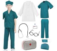 HOSPAOP Costume de médecin, 9 pièces, pour enfant, avec stéthoscope, lunettes et sac, costume de carnaval pour garçons et filles, costume d'infirmière, costume d'Halloween 140