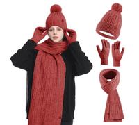 HOSPAOP Ensemble 3 en 1 pour femme - Bonnet d'hiver avec pompon, écharpe longue et gants tactiles - Kit chaud pour l'extérieur et le quotidien