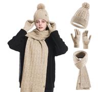 HOSPAOP Ensemble de bonnet, écharpe et gants pour femme 3 en 1 - Bonnet d'hiver avec pompon, écharpe hivernale, gants tactiles, ensemble thermique pour l'extérieur et le quotidien, beige, taille