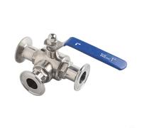 Hosrivae Vanne à boisseau sphérique sanitaire à trois colliers de serrage de 2,5 cm, vanne de contrôle de l'eau en acier inoxydable à 3 voies pour l'industrie pharmaceutique et laitière