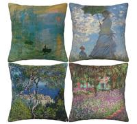 HOSTECCO Claude Monet Lot de 4 taies d'oreiller impressionnistes design Art Carrés Housses de coussin décoratives pour fans de peinture célèbres 40 x 40 cm