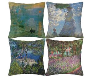 HOSTECCO Claude Monet Lot de 4 taies d'oreiller impressionnistes design Art Carrés Housses de coussin décoratives pour fans de peinture célèbres 40 x 40 cm