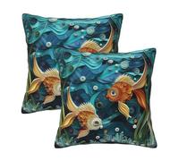 HOSTECCO Lot de 2 housses de coussin décoratives motif poissons de mer 45 x 45 cm, motif algues aquatiques