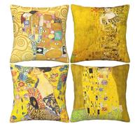HOSTECCO Lot de 4 Housses de Coussin carrées décoratives Jaunes de Gustav Klimt pour canapé, lit, 45 x 45 cm