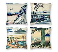 HOSTECCO Lot de 4 housses de coussin décoratives, 45 x 45 cm, motif maison de campagne Hokusai, pour canapé, extérieur