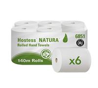 Hostess Natura Essuie-Mains en Papier 100% Recyclé 6851 - Rouleaux d'Essuie-Mains en Papier 2 Épaisseur - 6 Rouleaux d'Essuie-Mains de 140 m (840 m au Total)