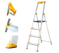 HOSTRÖM Escabeau 4 marches en Aluminium, Marche Pied Pliable, Porte-Outils, Marches Extra-Large 12cm, Usage Domestique et Professionnel, Garantie 5ans