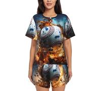 Hot Baseball Ensemble de pyjama à manches courtes pour femmes, patte avant douce, 3 boutons, vêtements de nuit imprimés, tailles S à 4XL, Noir/blanc, 4XL