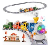 Hot Bee Train Electrique Enfant 3 4 5 6, Petit Circuit Train Vapeur Electrique 3+ Ans, 3 Véhicules D'ingénierie à Fixation Magnétique, avec Lumières et Effets Sonores, avec Piste Elliptique, Village
