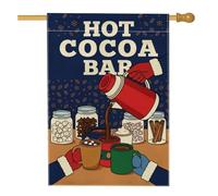 Hot Cocoa Bar Drapeau de maison de Noël Thème hiver 71 x 101 cm | Thème des boissons d'hiver, drapeau de cour, illustration de moufles, guimauves et bâtons de cannelle