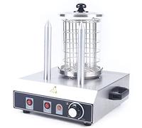 Hot Dog Maker HotDog Chauffe-vapeur 422 W 2 brochettes Régulateur de température 0-85 °C Cylindre en verre : Ø 16 cm Boîtier en acier inoxydable Cuiseur à saucisses professionnel Argenté