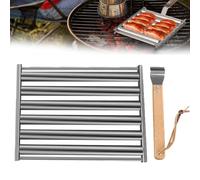 Hot Dog Roller Grill Rack - Rouleau à saucisses en acier inoxydable pour barbecue avec longue poignée en bois, rotation à 360°, cuisine 5 hot dogs ou saucisses - Durable, résistant à la chaleur