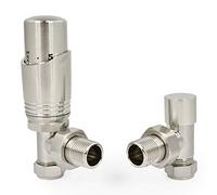 Hot Flow Paire de valves thermostatiques coudées en nickel satiné pour radiateur avec corps TRV coudé et un bouclier de verrouillage pour un contrôle rapide et facile de la température. Parfait pour