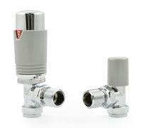 Hot Flow Paire de valves thermostatiques coudées pour radiateur TRV chromé et argenté avec corps TRV coudé, tête de roue, bouclier de verrouillage. Pour un contrôle rapide et facile de la température.