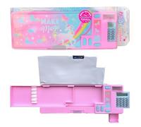 Hot Focus Trousse à crayons licorne - Trousse à crayons mécanique multifonction pour filles, 2 compartiments avec calculatrice et taille-crayon, ensemble de papeterie, cadeau parfait pour enfants et