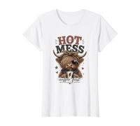 Hot Mess But First Coffee alimenté par Caffeine Highland Cow T-Shirt Graphique avec Valeur, Femme, Blanc, XL